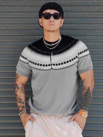 Men's Solid Color Patchwork Short Sleeve Casual Knitted Top