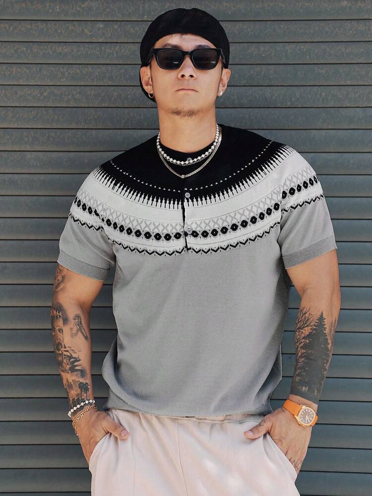 Men's Geometric Pattern Jacquard Knit Sweater For Spring/Summer