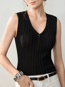 Uhlyne 女士简约 V 领插肩袖罗纹针织上衣，休闲优雅衬衫，适合外出约会，夏季/秋季 - 黑色 - 查看 2