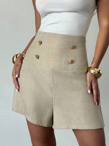 Firerie Short femme élégant et minimaliste à taille haute avec boucle métallique, rayures kaki ample. Convient pour le trajet domicile-travail, l'usage quotidien, le bureau, l'aéroport, les voyages et les sorties - Kaki - Voir 7