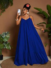 Maweii Plus Size Women Solid Color Casual Vacation Daily Wear Sleeveless Off Shoulder Ruffle Patchwork Loose Flared Maxi Dress, Summer