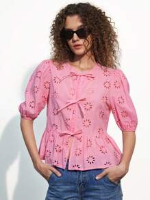 Aveloria Affinna Hollow Out Embroidery, Bowknot Decor, French Design Round Neck Lantern Sleeve Loose Casual Blouse For Women