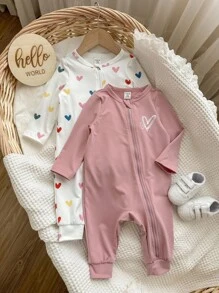 2pcs/Set Baby Girl Cute Knitted Pink Heart Pattern Long Sleeve Romper Set, Autumn/Winter