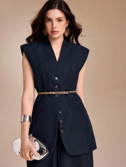 MEYER STUDIO Denim Blue Woven V Neck Padded Shoulder Fitted Long Vest Jacket Women Casual Suit Navy Blue Pantsuit Women Pantsuit Formal Pantsuit Wide Leg Pantsuit Sleeveless Pantsuit