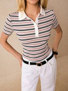 Poéselle Women Striped Polo Neck Short Sleeve Casual Versatile T-Shirt