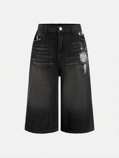 青少年儿童中性款长款宽松牛仔短裤。半松紧腰带和纽扣拉链门襟，前后各 5 个口袋，猫须和喷砂水洗细节，前后做旧，非常适合万圣节、音乐节、摇滚、街头风格，全年时尚必备单品