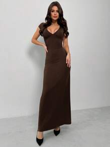 Firerie Festival Valentine's Day New Women's Elegant Sexy Versatile Bodycon Slimming Black Maxi Dress, Deep V-Neck, Caped Sleeve, Belted Waist Design - Coffee - View 6