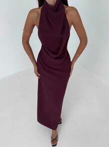 Aloruh New Sexy Backless, Sleeveless, Off-Shoulder Pleated Decor Slim Tummy Concealing Dress, Suitable For Cocktail Party, Music Festival, Vintage, Flowy, Eggplant Purple - Bold Plum - View 4