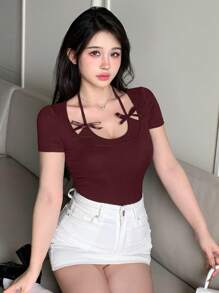 DAZY 女士夏季无袖蝴蝶结装饰性感休闲修身短袖T恤 - 酒紅色 - 查看 5