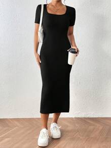 SHEIN PETITE CURVE Black Knitted Midi Dress With Square Neck And Side Slit For Casual Petite Women Petite Black Dress Petite Dress With Slit Petite Curve Dress Petite Midi Dress Black Midi Dress With Slit - Black - View 4