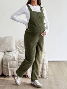 SHEIN 孕妇休闲纯色贴袋直筒连体裤 - 軍綠色 - 查看 5