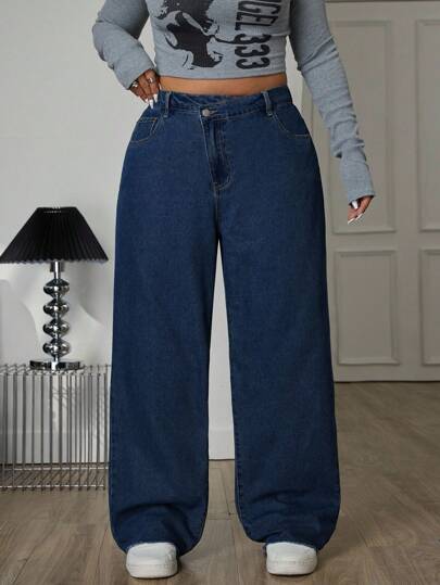 SHEIN ICON Jeans rectos de talle alto con desgaste casual y asimétrico para talla grande