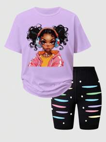SHEIN ChillGRL 2 pièces Ensemble pour adolescentes, style de rue , t-shirt à manches courtes imprimé et short skinny imprimé, tenue décontractée - Multicolore - Voir 3