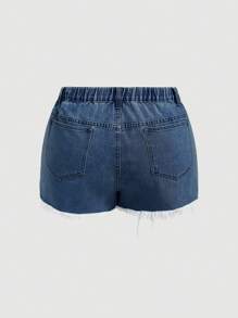 SHEIN Frenchy Shorts vaqueros desgarrados informales con decoración de strass para tallas grandes - Azul lavado medio - Ver 2