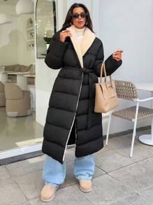 EURMUSE Abrigo de invierno acolchado con detalles de sherpa, abrigo reversible de felpa, chaqueta acolchada de oso de peluche, chaqueta acolchada de doble cara, abrigo de plumón con forro de felpa, chaqueta acolchada reversible, abrigo acolchado acogedor, chaqueta acolchada de sherpa, chaqueta con forro de felpa, abrigo reversible cálido, abrigo acolchado largo para mujer, abrigo de invierno largo para mujer, abrigo acolchado con forro de sherpa para mujer, abrigo acolchado largo para mujer, abrigo largo para mujer, abrigo acolchado largo negro para mujer - Negro - Ver 3
