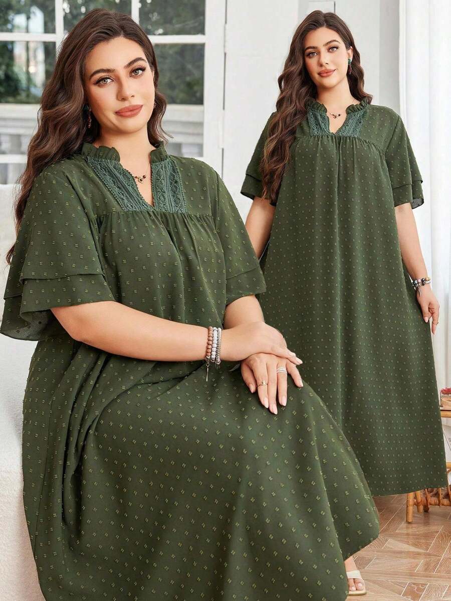 Lacomfia Robe décontractée élégante pour tous les jours avec encolure ronde, manches courtes amples et texturées, grande taille, avec volants