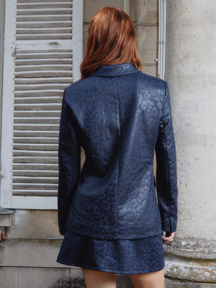 Navy Blue Leopard Print Tailored Blazer With Flap Pockets Spring Office Spring Summer Luxury Premium