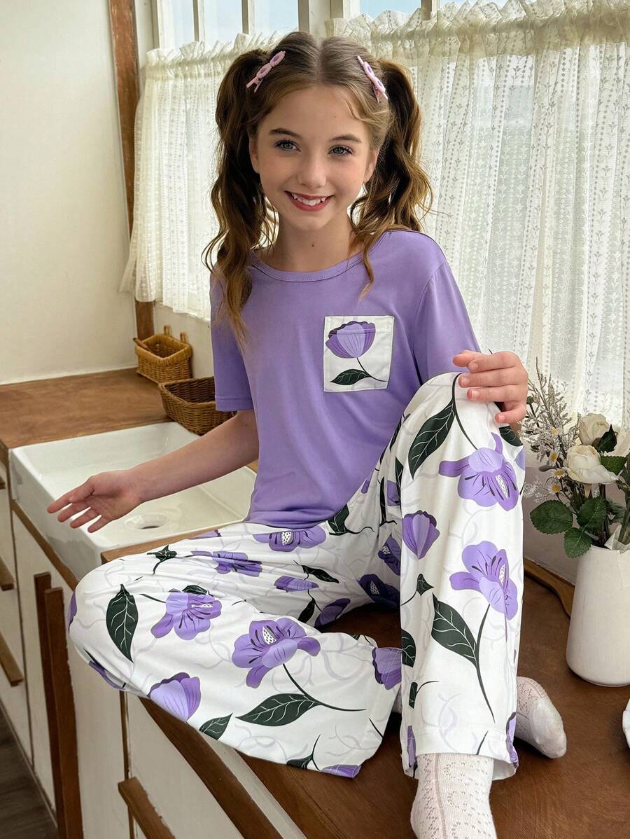 SHEIN 舒适牛奶丝印花上衣，带口袋设计，女童睡衣套装 - 紫色 - 查看 1