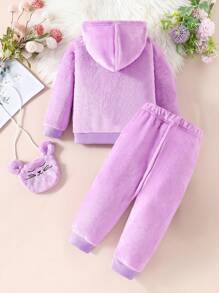 2 件套女孩可爱紫色运动服套装，秋冬保暖运动装，百搭简约 - 紫色 - 查看 2