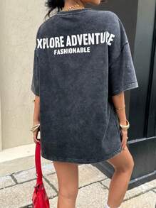 SHEIN EZwear T-shirt d'été à encolure ronde ample, imprimé de lettres vintage noires américaines délavées - Noir - Voir 2