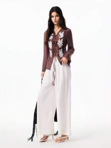 LYSMO 女士棕色领结细节刺绣轻薄喇叭袖衬衫，适合春夏穿着，打造波西米亚风情和夏季度假造型，2025 新款上市 - 棕色 - 查看 6