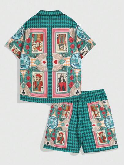 Street Life 2pcs Men's Casual Short Sleeve Shirt And Loose Drawstring Shorts Set
