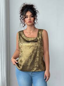 Elenzga Áo không tay cổ giả thanh lịch dành cho nữ cỡ lớn với họa tiết in vàng kim loại, đa năng cho cả mặc hàng ngày và dự tiệc. - Vàng - Xem 3
