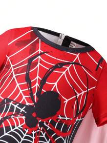 SHEIN 两件套男童蜘蛛侠角色扮演服装，买一送一，包含短袖连体衣和披风，适合角色扮演表演、活动、返校季、秋冬季。