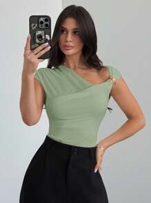 Firerie Women Modest Asymmetric Shoulder-Cross Wrap Solid Color T-Shirt With Metal Decor, Ruched Waist, Slim Fit, Suitable For Spring Summer Daily Commute, Beach, Airport , Vacation , Teachers