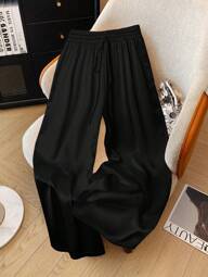 Franclia Plus Size Satin Drawstring Tie Waist Straight Leg Pants Fall Cloth For Women
