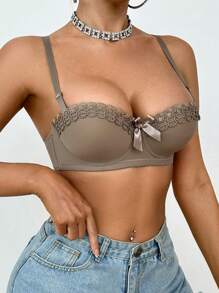 DesireSculpt 女士带钢圈文胸，简约纯色设计 - 咖啡棕 - 查看 5