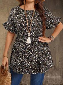 EMERY ROSE 大码复古碎花圆领衬衫，夏季 - 黑色 - 查看 1