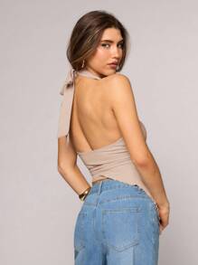 SHEIN BAE 女士棕色不规则下摆金属扣装饰性感女士背心适合日常外出、通勤休闲、下午茶派对、夏季上衣、乡村音乐会装 - 卡其色 - 查看 2