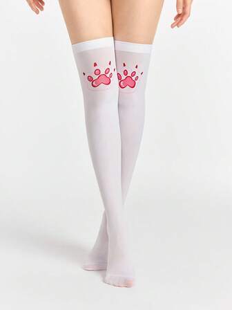 Anime 1 Pair Cute Minimalist Cat Paw Pattern Thigh High Socks, Y2K College Style Solid White Knee High Socks, Super Thin And Stretchy Opaque Tights