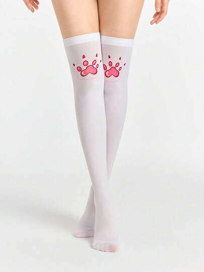 Anime 1 Pair Cute Minimalist Cat Paw Pattern Thigh High Socks, Y2K College Style Solid White Knee High Socks, Super Thin And Stretchy Opaque Tights