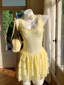Comfortcana Vestido mini sexy de color liso con encaje, para verano - Amarillo - Ver 1