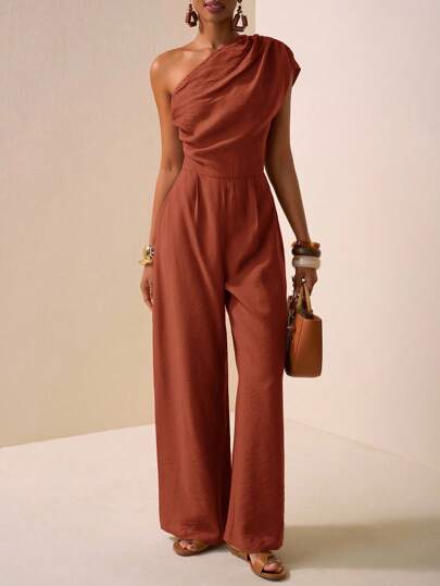Zivah 2025 Spring/Summer New Music Festival, Easter, St. Patrick's Day, Western Style, Nomadic Vibe, Birthday Party, Graduation Season, School Style, Casual Everyday Wear, All-Match Versatile, Leisure, Cruise Travel, Beach, Sunbathing, Design, Street Style, Elegant Asymmetric Textured Fabric Brown Jumpsuits/ Elegant Jumpsuit/ One Shoulder Jumpsuit