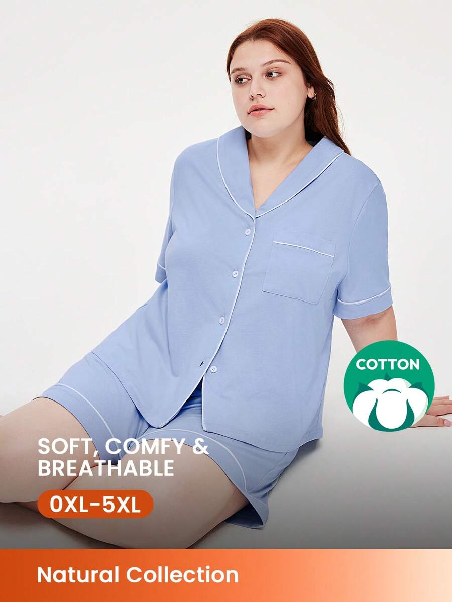 LUVLETTE Women's Plus-Size Breathable 100% Pure Cotton Blue Short-Sleeve Button-Up Top & Shorts Airy Loungewear Pajama Set Pants With Pockets