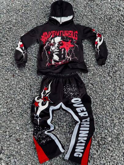 SHEIN Bộ 2 quần áo thể thao thường ngày màu đen có mũ trùm đầu cho bé trai tuổi mới lớn có họa tiết Graffiti và quần ống loe phù hợp cho trang phục trẻ em Bộ quần áo bé trai mới biết đi trở lại trường phù hợp cho tiệc sinh nhật, tiệc tối, biểu diễn, đám cưới, lễ rửa tội, lễ khai mạc hàng ngày phù hợp để sử dụng hàng ngày phù hợp để đi học phù hợp để đi du lịch phù hợp để chơi thể thao phù hợp cho mùa xuân, thu và đông