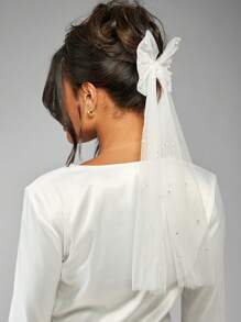 MISSGUIDED Pearl Embellished Tulle Bow Hair Clip Bridal Wedding Formal Occasion Hair Accessory Elegant Mesh Ribbon Barrette