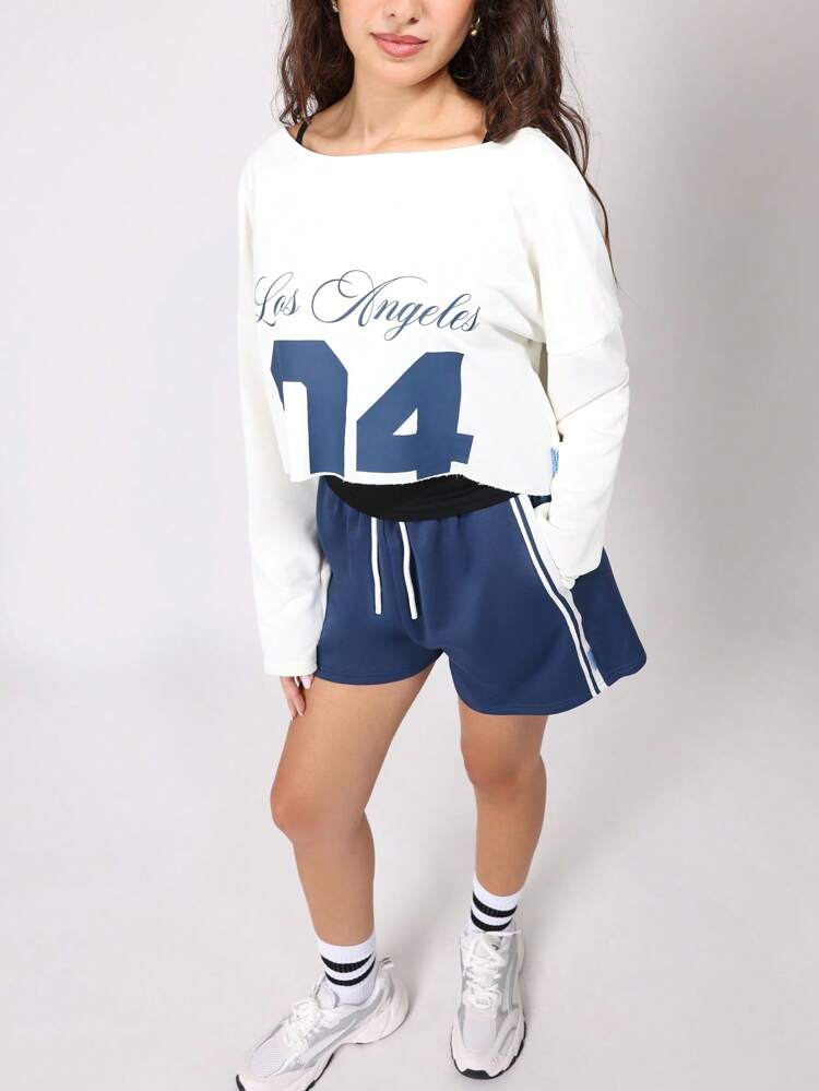 Off Shoulder Cropped Sweatshirt With Athletic Shorts