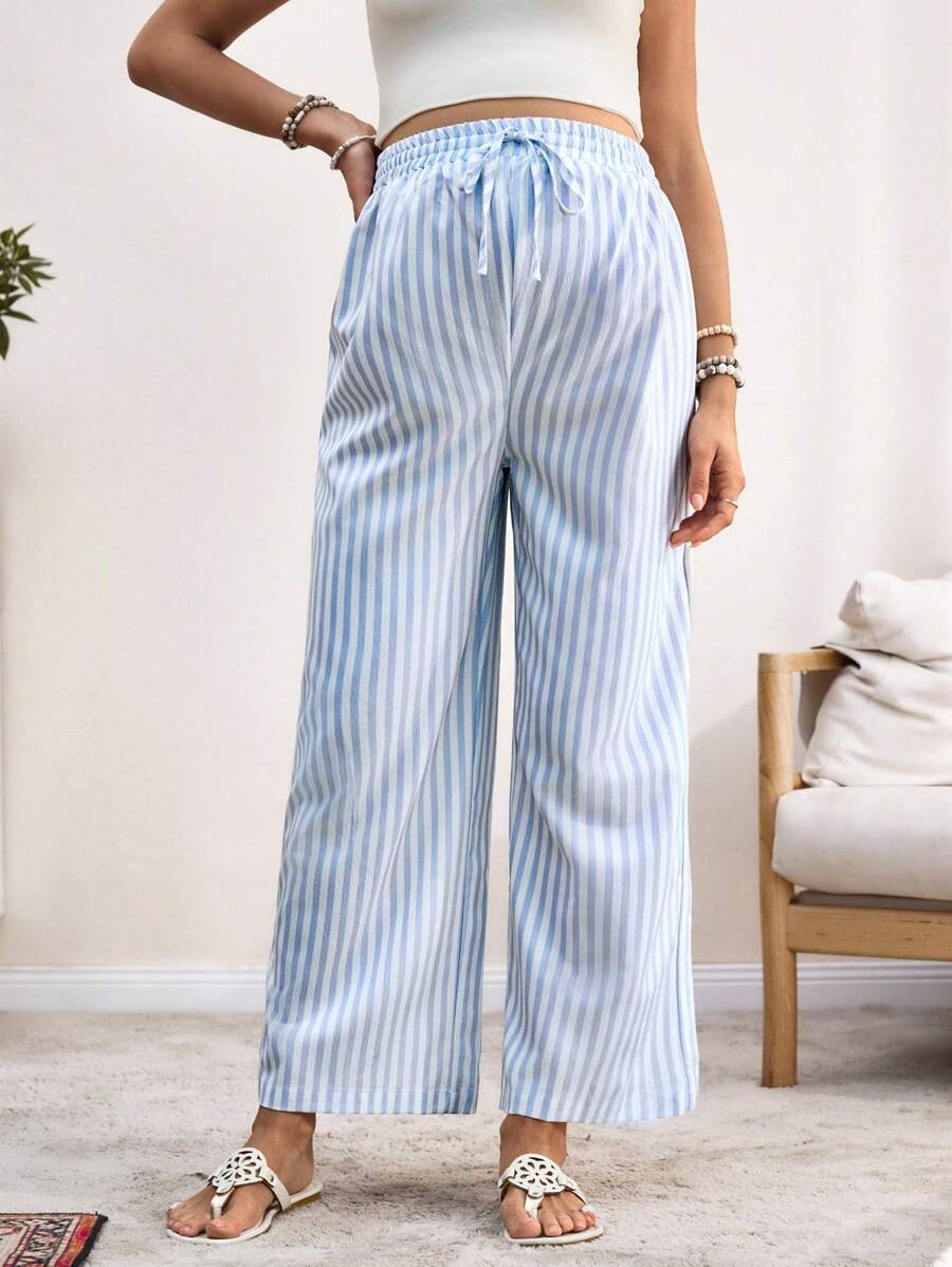 SHEIN Elastic Waist Striped Wide Leg Pants For Maternity - Blue - View 1