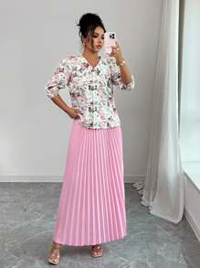 Elenzga 女士度假风印花灯笼袖衬衫和百褶裙套装，休闲两件套 - 藍色 - 查看 4