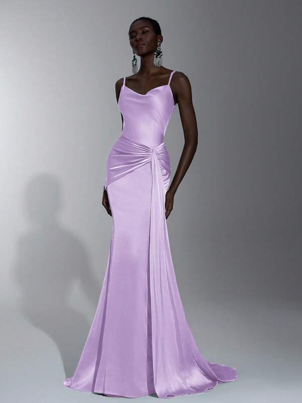 Elitara Elegant Satin Slip Dress With Draped Cowl Neck, Twisted Waist, Embellished Skirt And Open Back, Suitable For Beach Vacation, Dating, Birthday Party, Graduation, Wedding, Formal Occasions