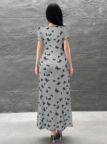 Feyla 女士优雅蝴蝶印花修身长裙，夏季 - 灰色 - 查看 2