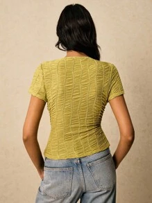 Poéselle Women's Summer Minimalist Textured Front Button Slim Fit Short Sleeve T-Shirt - Green - View 6