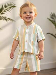 Cozy Pixies Baby Boy 2pc Set - Striped Collar Short Sleeve Cardigan And Elastic Waist Shorts