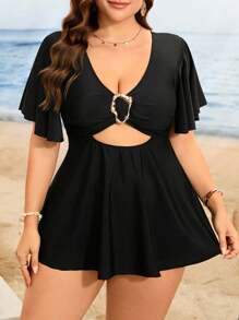 Swim Lushoire 大码女式纯色两件套泳衣，配有可拆卸护垫，优雅的金属配件细节，镂空臂带荷叶边袖子，高腰三角形下摆，休闲度假风格沙滩装