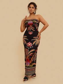 Travachic 大码女式夏季多色热带印花抹胸连衣裙，长款针织弹力连衣裙 - 黑色 - 查看 5