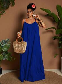 Maweii Plus Size Women Solid Color Casual Vacation Daily Wear Sleeveless Off Shoulder Ruffle Patchwork Loose Flared Maxi Dress, Summer